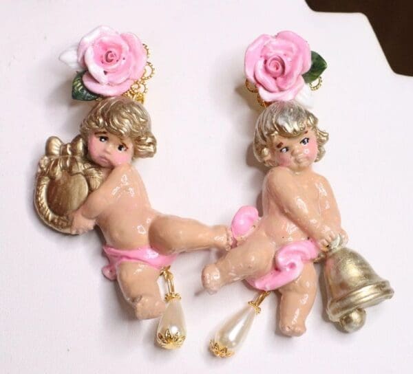 SOLD! 6793 Baroque Pale Pink Roses Musical Cherubs Red Ribbon Studs Earrings - Image 4