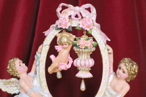 SOLD! 6794 Baroque Pale Pink Roses Musical Cherubs Vase Irregular Studs Earrings - Image 3
