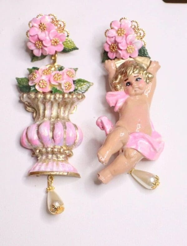 SOLD! 6794 Baroque Pale Pink Roses Musical Cherubs Vase Irregular Studs Earrings - Image 2