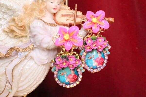 SOLD! 6819 Frida Kahlo Fuchsia Flower Cameo Studs Earrings - Image 3