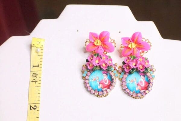 SOLD! 6819 Frida Kahlo Fuchsia Flower Cameo Studs Earrings - Image 5