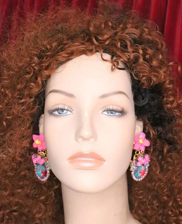 SOLD! 6819 Frida Kahlo Fuchsia Flower Cameo Studs Earrings - Image 8