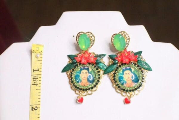 SOLD! 6821 Frida Kahlo Fuchsia Flower Green Rhinestone Cameo Studs Earrings - Image 6