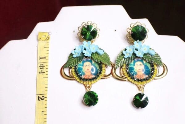 SOLD! 6822 Frida Kahlo Fuchsia Flower Green Rhinestone Cameo Studs Earrings - Image 3
