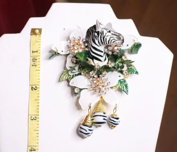 SOLD! 6825 Baroque 3D Effect Hand Painted Zebra Flower Huge Brooch - Image 4