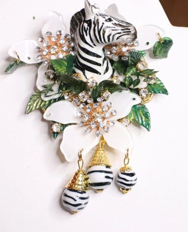 SOLD! 6825 Baroque 3D Effect Hand Painted Zebra Flower Huge Brooch - Image 3