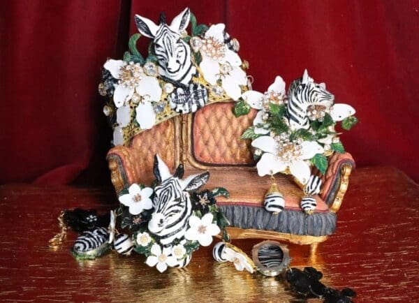 SOLD! 6825 Baroque 3D Effect Hand Painted Zebra Flower Huge Brooch - Image 8