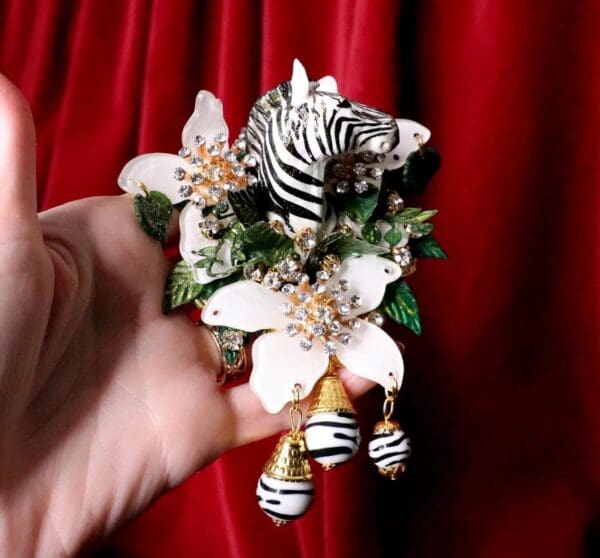 SOLD! 6825 Baroque 3D Effect Hand Painted Zebra Flower Huge Brooch - Image 9