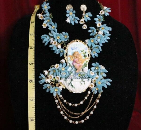 SOLD! 6830 Set Cherub Baroque Fountain Dangle Flowers Unique Necklace + Earrings - Image 2