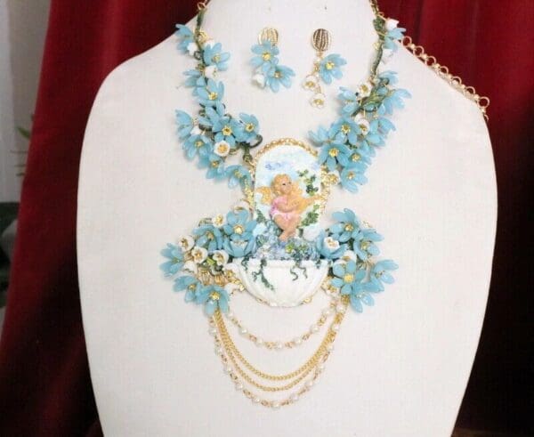 SOLD! 6830 Set Cherub Baroque Fountain Dangle Flowers Unique Necklace + Earrings - Image 3