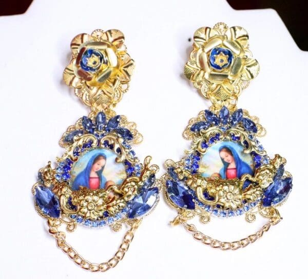 SOLD! 6831 Virgin Mary Dark Blue Rhinestones Stunning Studs Earrings - Image 2