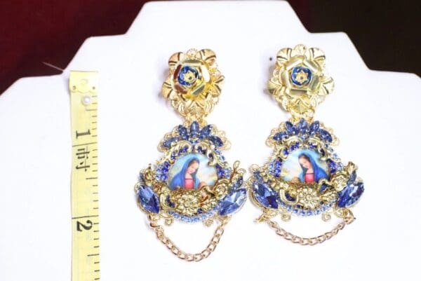 SOLD! 6831 Virgin Mary Dark Blue Rhinestones Stunning Studs Earrings - Image 6