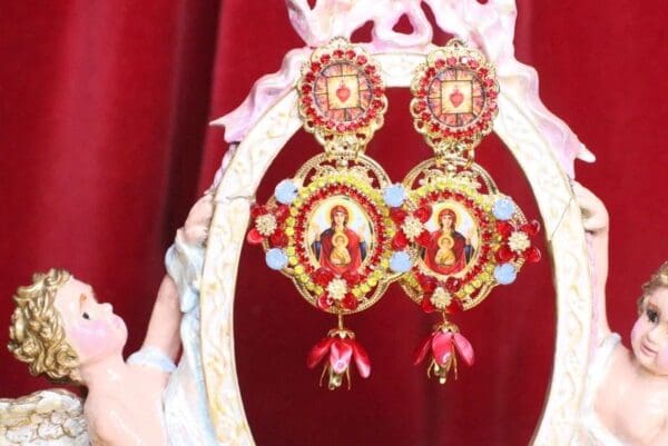 SOLD! 6832 Virgin Mary Red Icon Sacred Heart Rhinestones Stunning Studs Earrings - Image 2