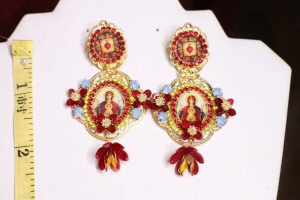 SOLD! 6832 Virgin Mary Red Icon Sacred Heart Rhinestones Stunning Studs Earrings - Image 3