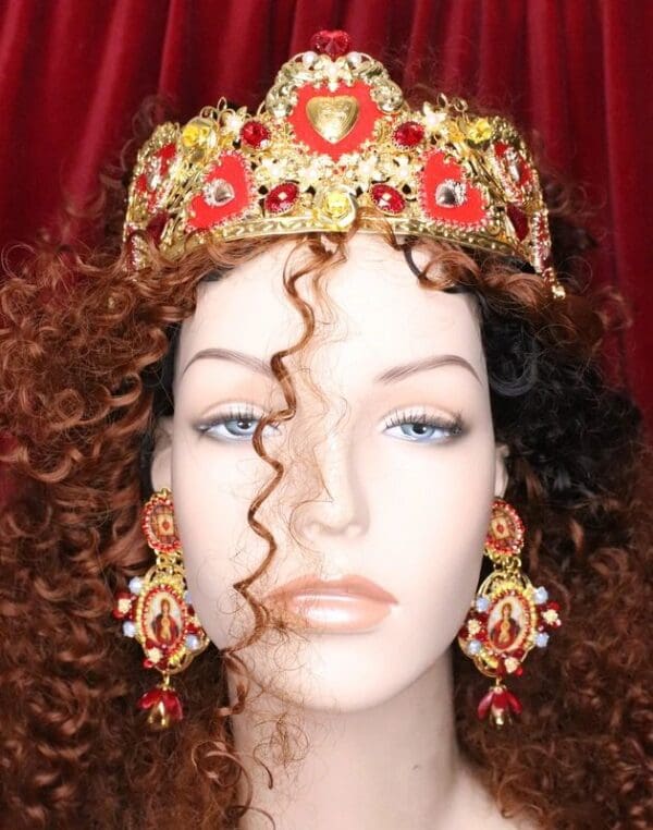 SOLD! 6832 Virgin Mary Red Icon Sacred Heart Rhinestones Stunning Studs Earrings - Image 4