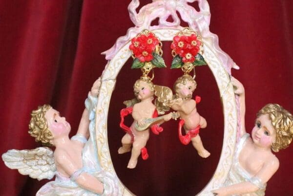 SOLD! 6835 Baroque Red Roses Musical Cherubs Red Ribbon Studs Earrings - Image 2