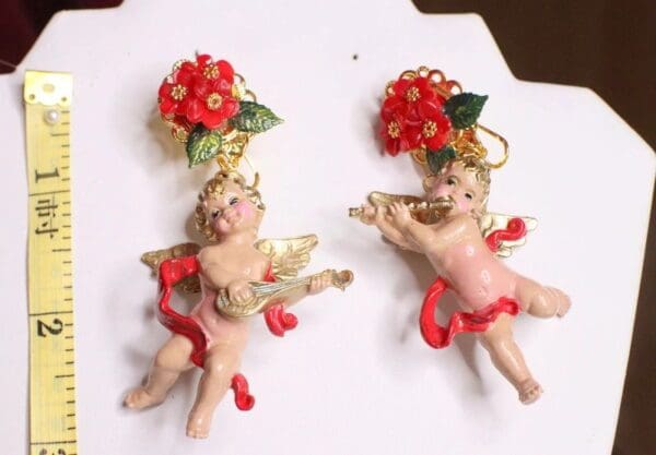 SOLD! 6835 Baroque Red Roses Musical Cherubs Red Ribbon Studs Earrings - Image 3