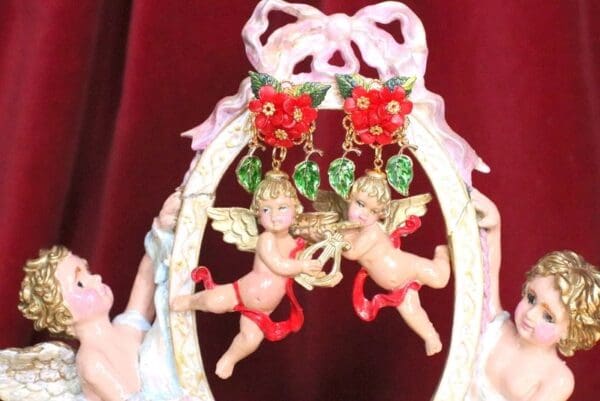 SOLD! 6836 Baroque Red Roses Musical Cherubs Red Ribbon Studs Earrings - Image 2
