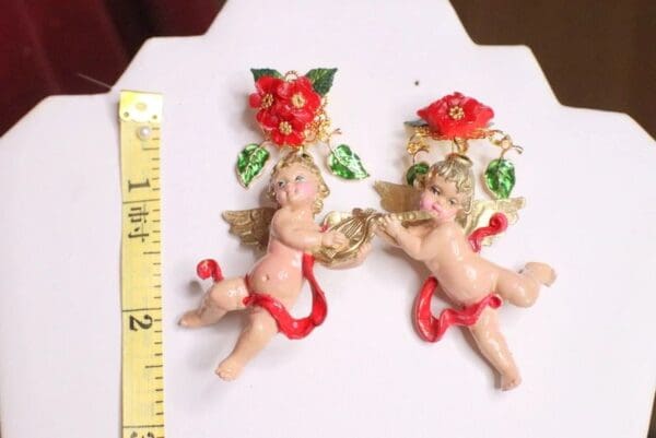 SOLD! 6836 Baroque Red Roses Musical Cherubs Red Ribbon Studs Earrings - Image 3