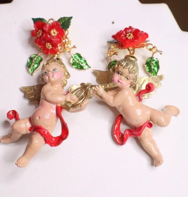 SOLD! 6836 Baroque Red Roses Musical Cherubs Red Ribbon Studs Earrings - Image 4