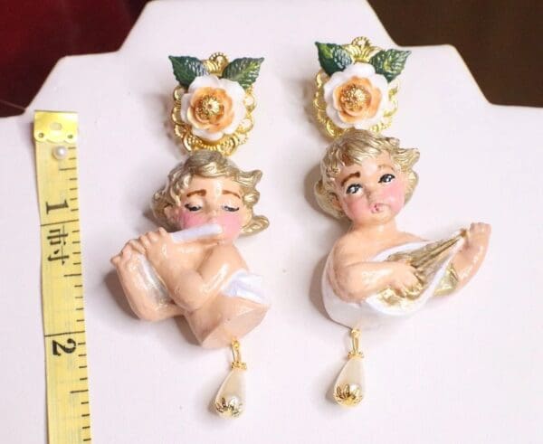 SOLD! 6837 Baroque White Roses Musical Cherubs White Ribbon Studs Earrings - Image 3