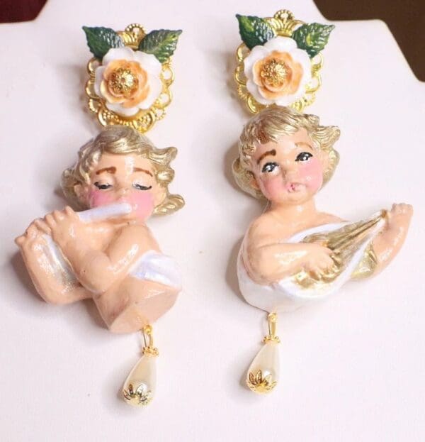 SOLD! 6837 Baroque White Roses Musical Cherubs White Ribbon Studs Earrings - Image 2
