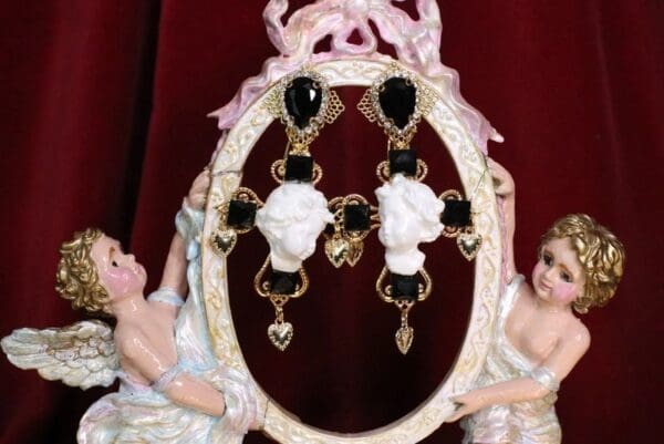 SOLD! 6838 Baroque White Cherubs Angels Heads Cross Studs Earrings - Image 2