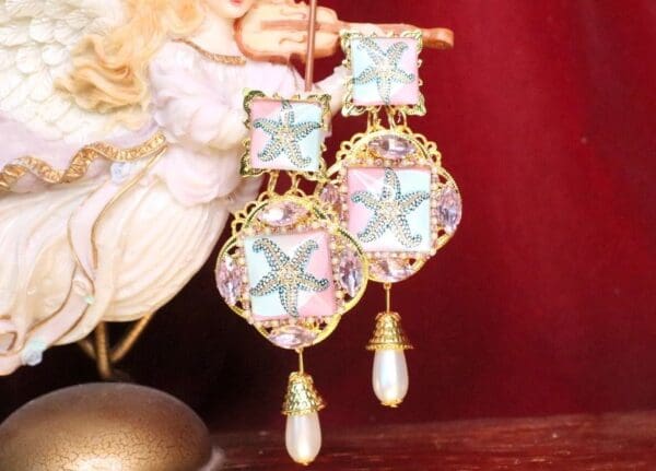 SOLD! 6855 Baroque Sea Shell Pastel Cameo Studs Earrings - Image 3