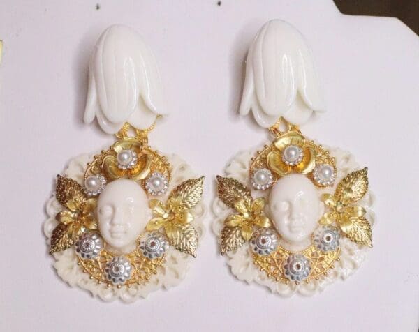 SOLD! 6859 Baroque Art Deco Face Magnolia Flower Studs Earrings - Image 2