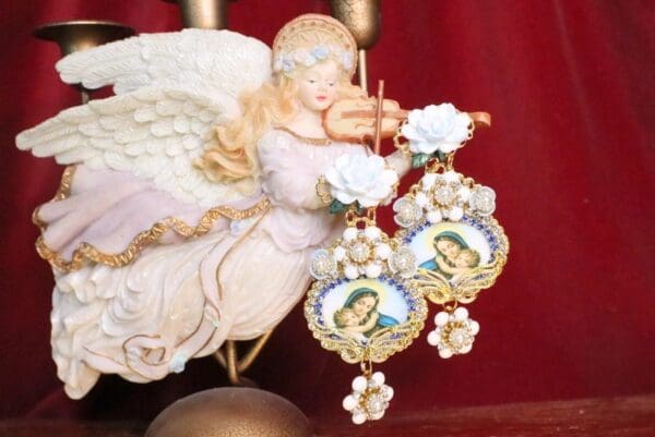 SOLD! 6861 Virgin Mary White Flower Stunning Studs Earrings - Image 2