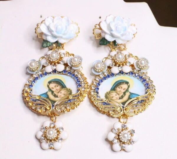 SOLD! 6861 Virgin Mary White Flower Stunning Studs Earrings - Image 4