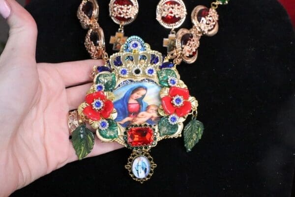 SOLD! 6863 Set Of Madonna And a Child Red Flowers Rhinestone Massive Necklace+ Earrings - Image 3