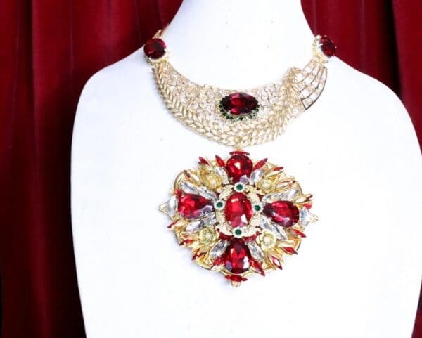 SOLD! 6864 Set Of Alta Moda Gold Tone Massive Red Rhinestones Pendant Necklace+ Earrings - Image 3