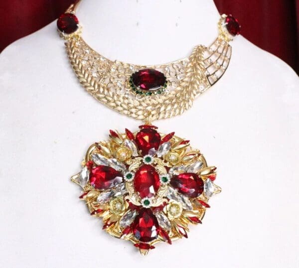 SOLD! 6864 Set Of Alta Moda Gold Tone Massive Red Rhinestones Pendant Necklace+ Earrings - Image 6