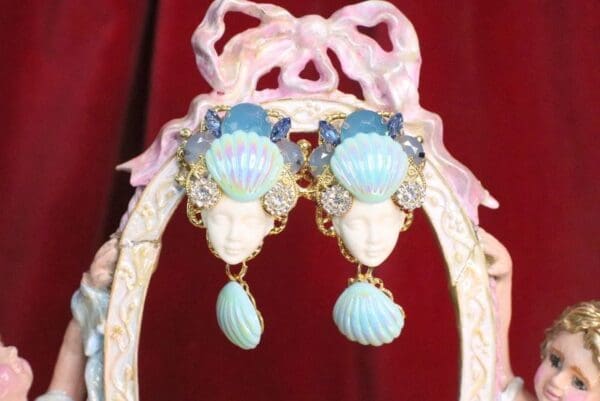 SOLD! 6866 Mermaid Face Shell Nautical Studs Earrings - Image 2