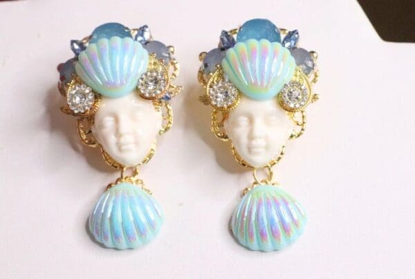 SOLD! 6866 Mermaid Face Shell Nautical Studs Earrings
