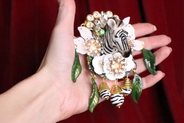 SOLD! 6868 Baroque 3D Effect Hand Painted Crystal Flowers Zebra Flower Huge Brooch - Image 3