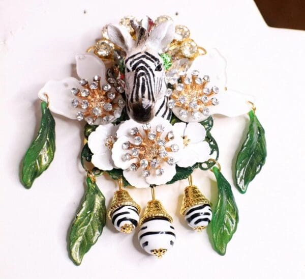 SOLD! 6868 Baroque 3D Effect Hand Painted Crystal Flowers Zebra Flower Huge Brooch