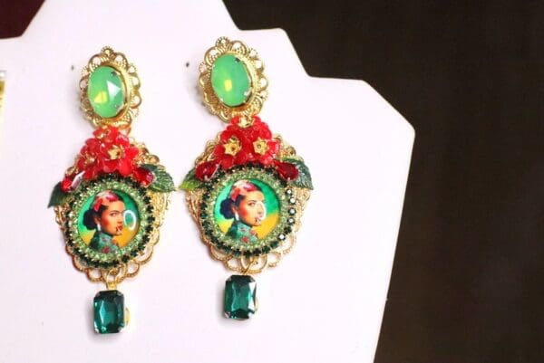 SOLD! 6879 Frida Kahlo Green Red Cameo Studs Earrings - Image 5