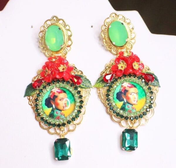 SOLD! 6879 Frida Kahlo Green Red Cameo Studs Earrings - Image 2