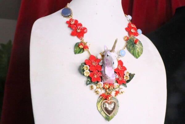 SOLD! 6881 Art Jewelry 3D Effect Hand Painted Unicorn Red Flowers Massive Statement Necklace - Image 7
