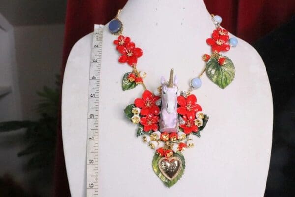 SOLD! 6881 Art Jewelry 3D Effect Hand Painted Unicorn Red Flowers Massive Statement Necklace - Image 9