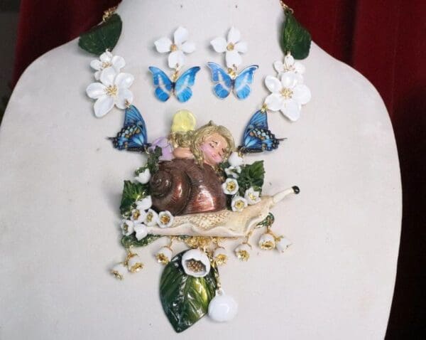 SOLD! 6882 Set Of Art Jewelry 3D Effect Hand Painted Sleeping Fairy Snail Massive Statement Necklace - Image 2
