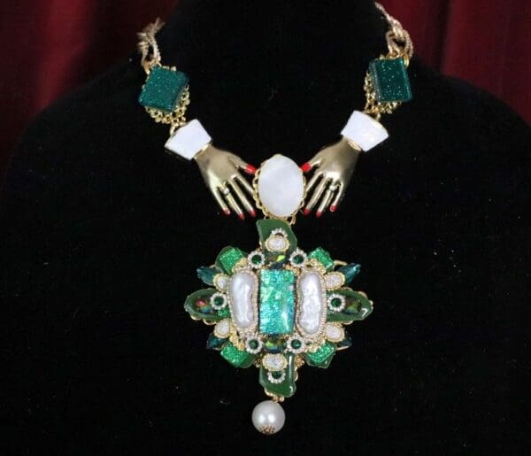 SOLD! 6883 Genuine Druzy Biwa Pearls Baroque Maltese Cross Hands Necklace