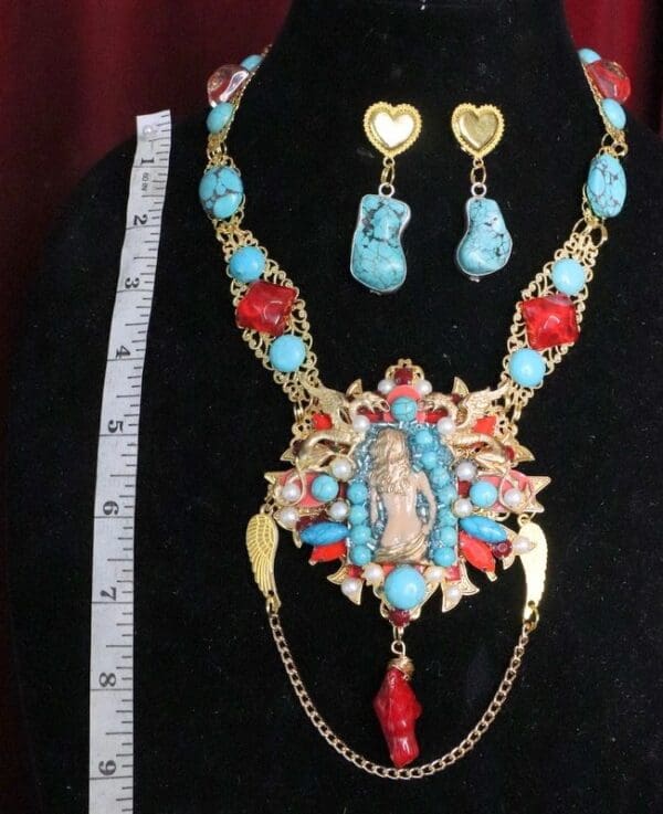 SOLD! 6910 Set Of Art Deco Genuine Turquoise Pearls Baroque Necklace+ Earrings - Image 2