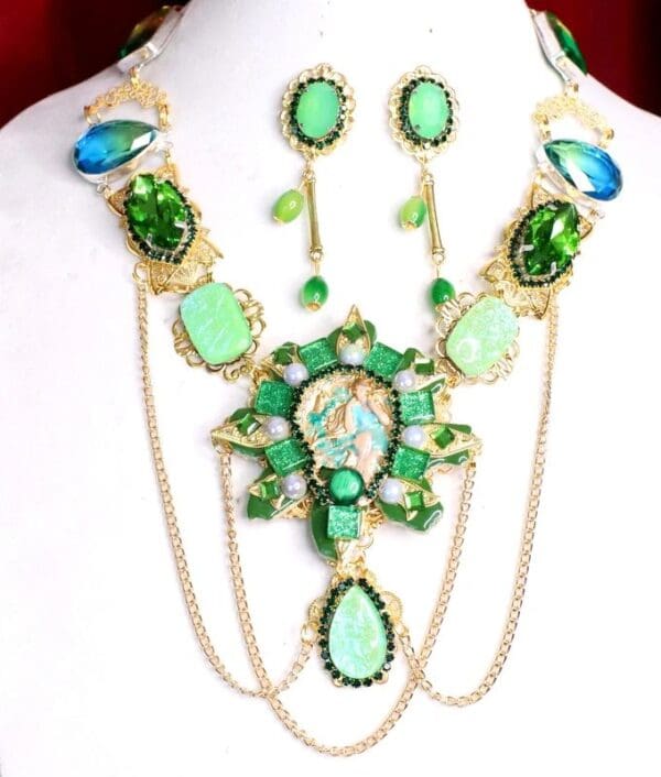 SOLD! 6913 Genuine Triplet Opal Tourmaline Art Nouveau Necklace+ Earrings - Image 2