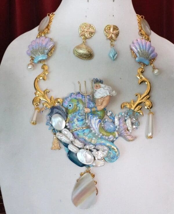 SOLD! 6916 Set Of Genuine Biwa Pearls Agate Neptun Poseidon Shell Necklace+ Earrings - Image 3