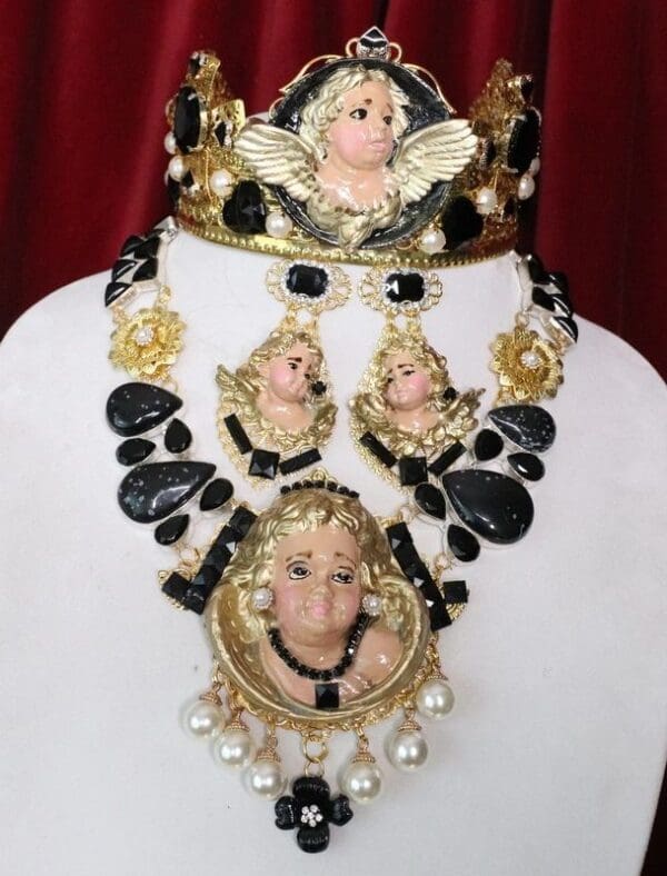 SOLD! 6921 Baroque Massive Vivid Hand Painted Angel Cherub Putti Genuine Agates Massive Necklace+ Earrings
