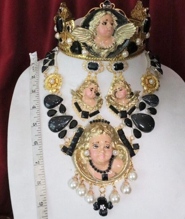 SOLD! 6921 Baroque Massive Vivid Hand Painted Angel Cherub Putti Genuine Agates Massive Necklace+ Earrings - Image 2