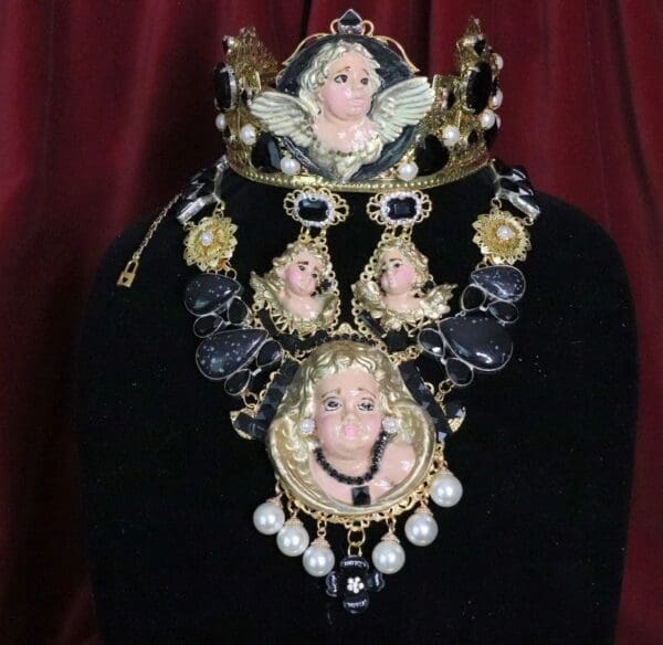 SOLD! 6921 Baroque Massive Vivid Hand Painted Angel Cherub Putti Genuine Agates Massive Necklace+ Earrings - Image 3